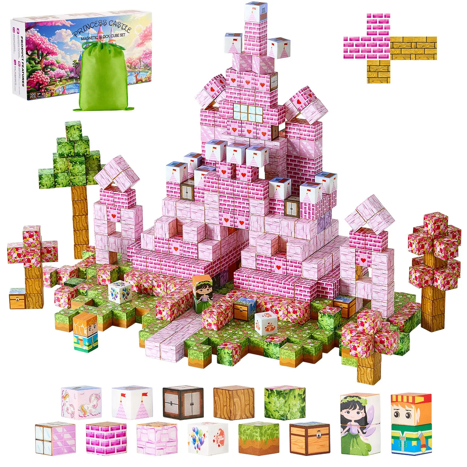 VEVOR Reinforced Dual-Side Magnetic Building Block Set, 100 PCS Princess Castle Small Cube Toys, STEM Montessori Sensory Construction Stacking Toys for Kids 3+, Christmas Birthday Gifts for Boys & Girls, Building Block Sets, Magnetic Cube Hanging Decor