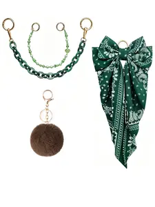 4Pcs Dark Green Paisley Bag Charm Set, Heart Bead Chain + Green Acrylic Chain + Dark Green Fluffy Pom Pom + Paisley Print Bow Scarf, Handbag Decor Charms for Tote Shoulder Bags