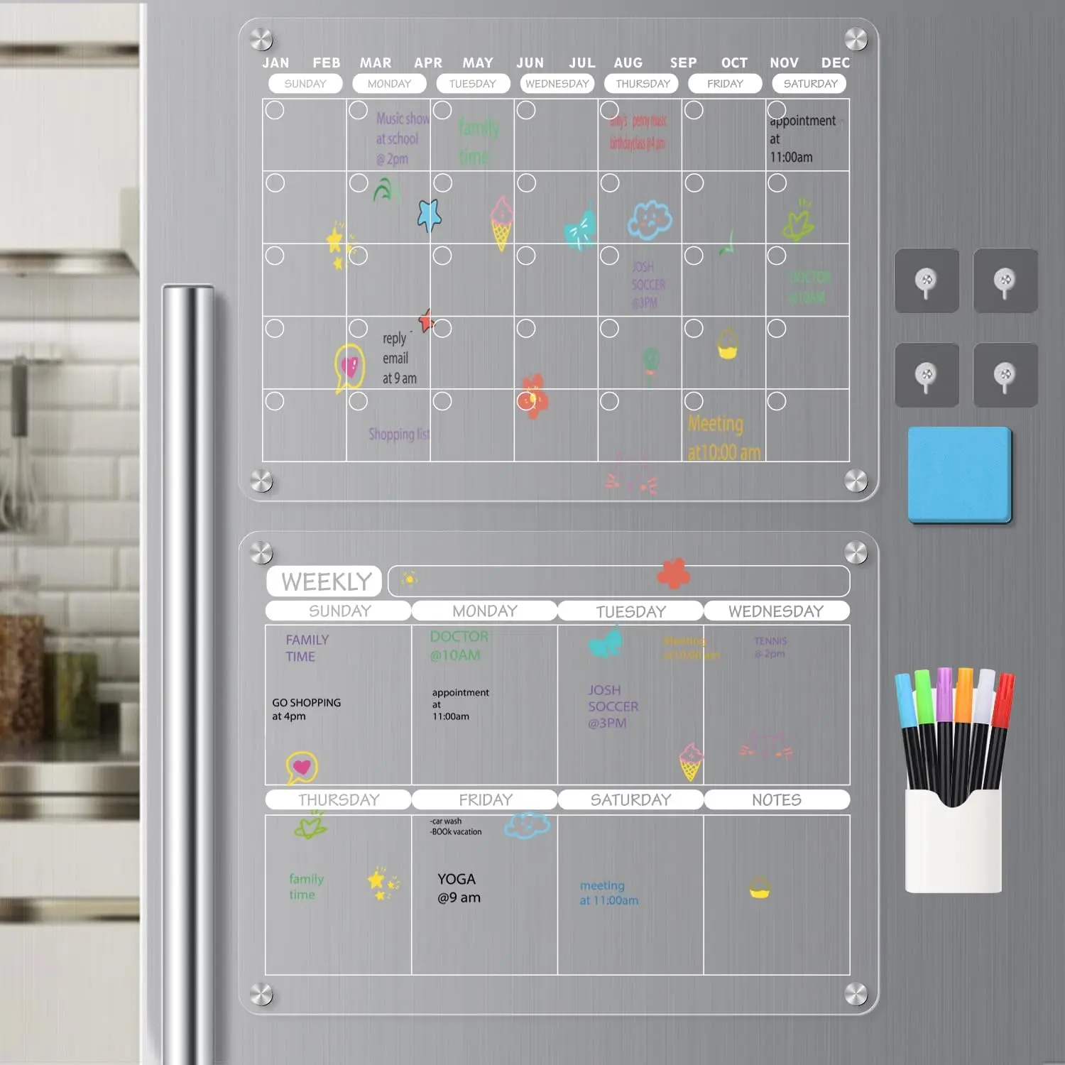 Magnetic Dry Erase Calendar Board for Fridge, 16"X12" - Practical Monthly/Weekly Planner with To-Do List, Includes 6 Markers and 1 Eraser