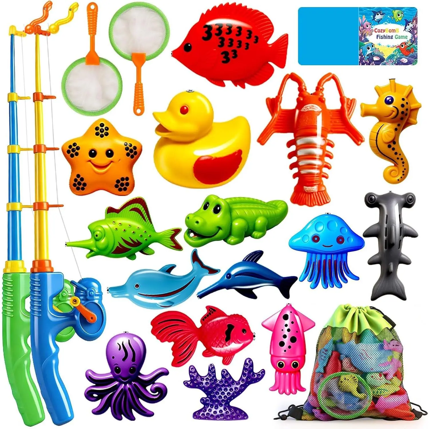 Magnetic Fishing Toys Game Set for Kids | Water Table Bathtub Kiddie Pool Party Pole Rod Net, Outdoor Plastic Floating Fish, Toddler Bath Color Ocean Sea Animals Birthday Gift Age 3-5 6 4-8