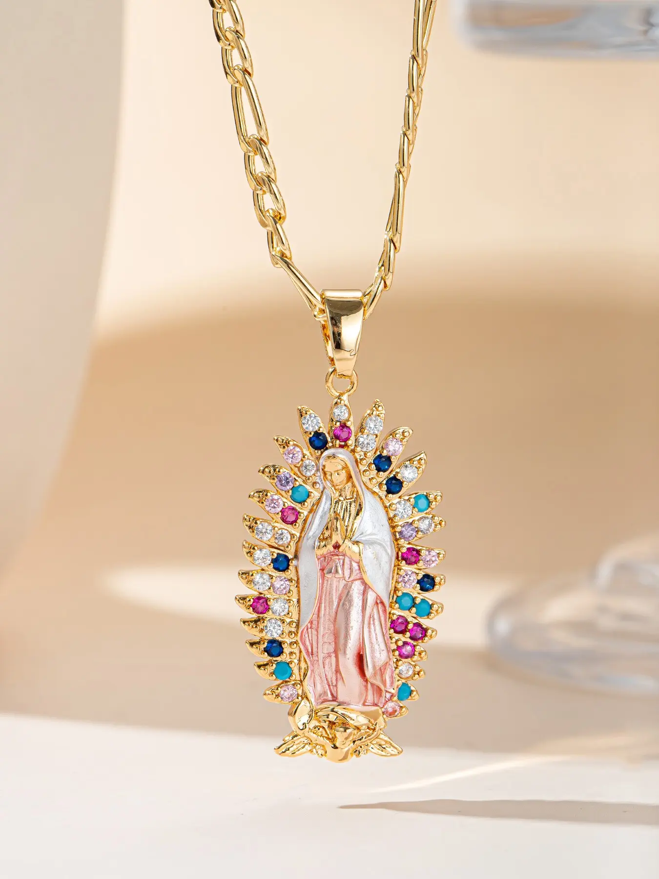 Elegant Virgin Mary 14K Gold Silver Necklace with Cubic Zirconia, Religious Jewelry for Easter and Mother’s Day