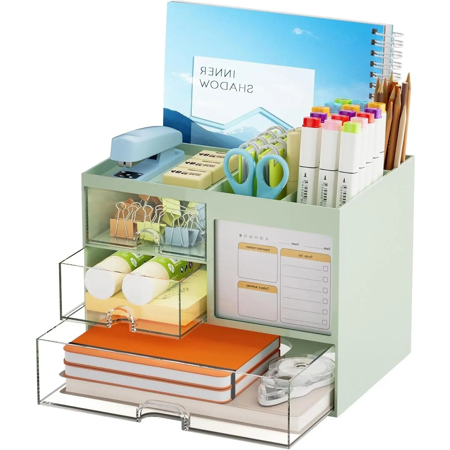 Desk Organizer with 3 Drawers and 4 Compartments, Multi-Functional Pencil Pen Holder, Desktop Storage for Office Home Supplies (Green)Gift