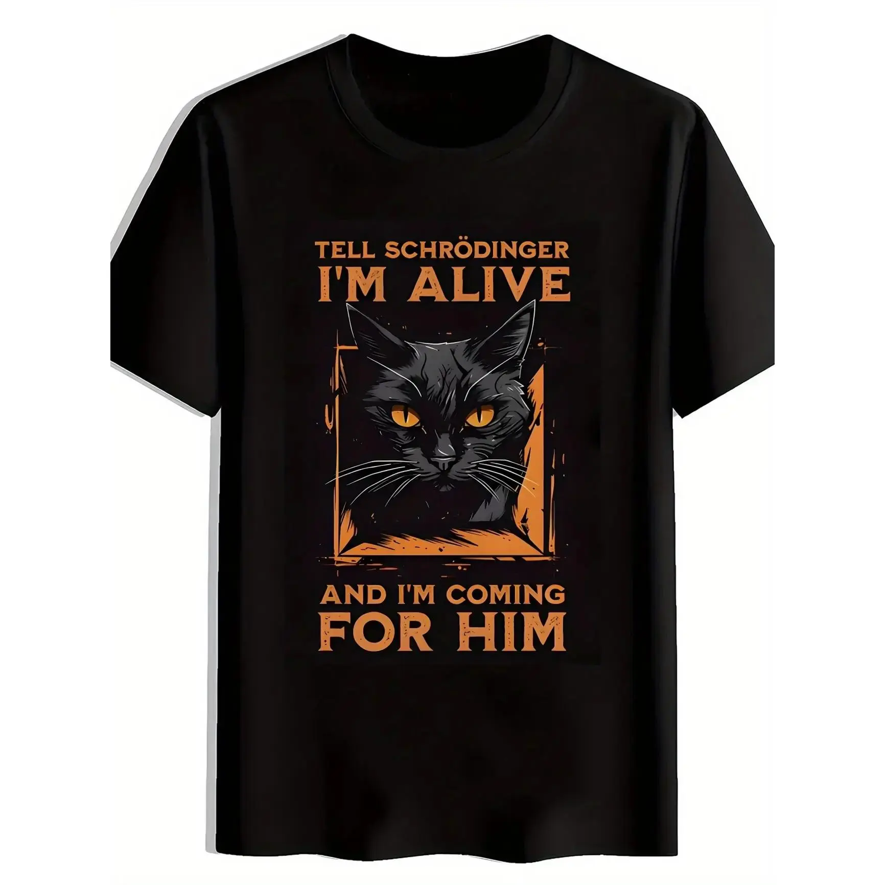 Quantum Mechanics Meme Print Casual Crew Neck Men's T-Shirt, Schrödinger's Cat Pattern Men's Top, Quantum Enthusiast Gift, Funny Tee for Friends, Halloween Party Novelty Shirt, Orange-Eyed Black Cat Print Men's Apparel, Funny Gift, Casual Wear