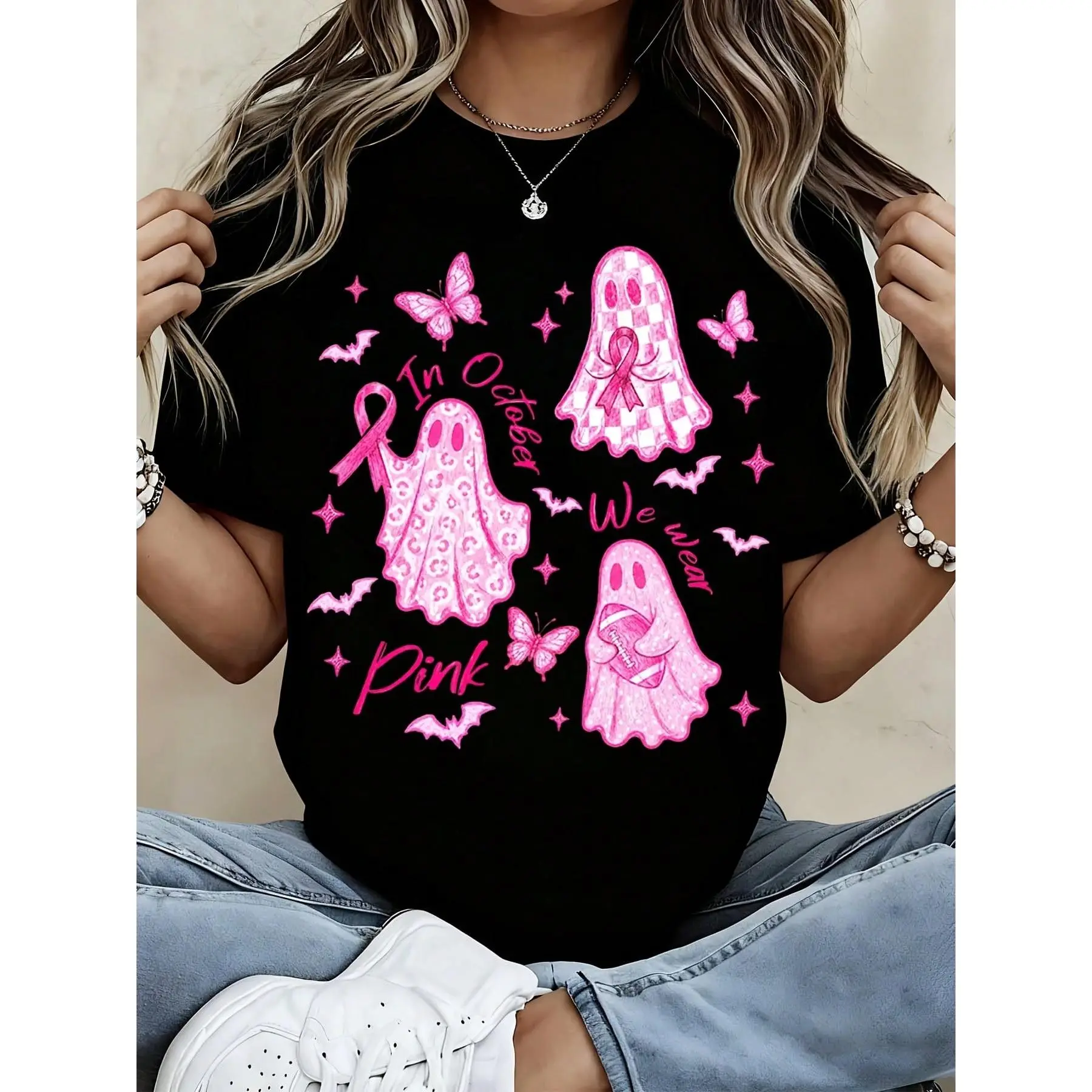 Women's Short-Sleeve Polyester Round Neck Casual Cut Breast Cancer Awareness Pink Ghost Butterfly October We Wear Pink Halloween Graphic Tee Support Gift Top