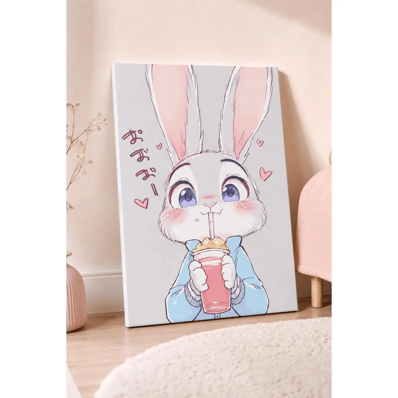 Cute Cartoon Rabbit Drinking Milk Tea Canvas Art poster wall decor, Soft Pastel Anime Bunny Wall Decor Bedroom Girls Room Sweet Kawaii Home Decor