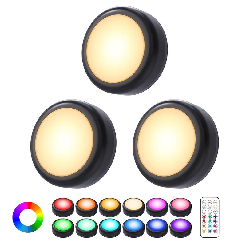 LED Puck Light, 3 Counts Battery Powered Dimmable Under Cabinet Light with 1 Wireless Remote Control & Dimmer & Timmer, Novelty Lighting for Closet Bedroom Kitchen, Indoor Lighting, Color Changing Lights