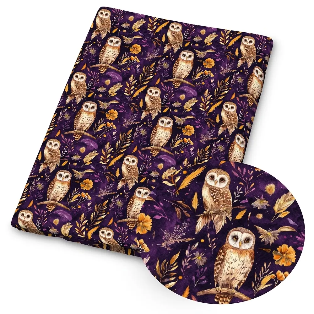 1pc Midnight Owl And Mushroom Print Fabric - 59 X 19.68 Inches (150 X 50 Cm) Pre-Cut Polyester Fabric with Dark Purple Floral Owl Feather Mushroom Patterns - Suitable for Sewing, Scrapbooking, Tablecloths And Crafts