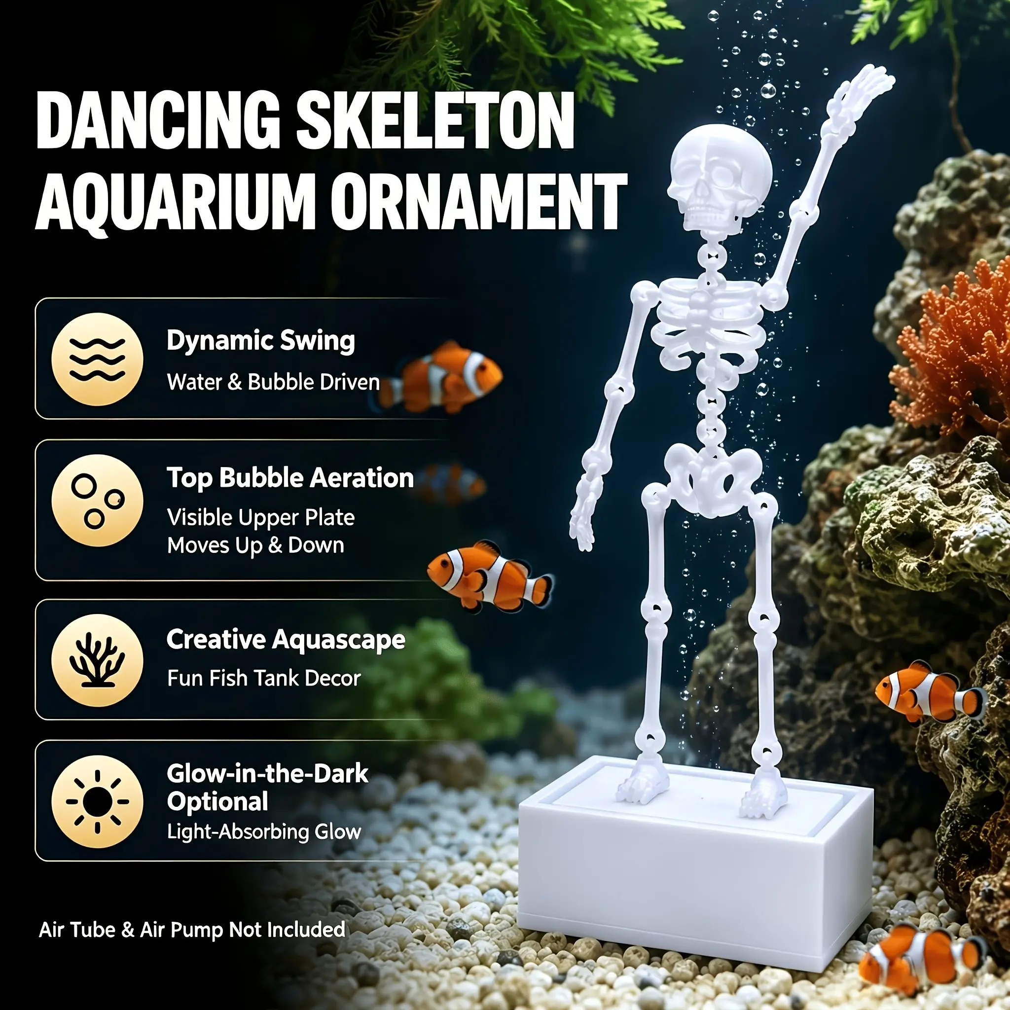 Skull-Inspired Aquarium Decor, Dance Skull Design, Movable, Suitable for Aquariums, Aquatic Landscape, Low Maintenance Decoration