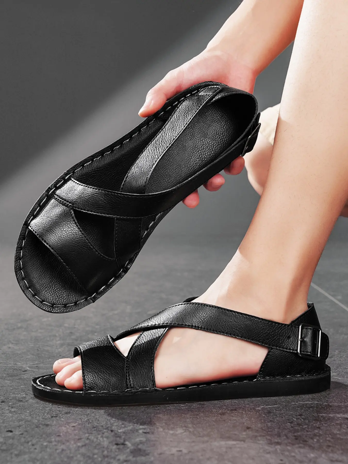 Men's Vintage Leather Sandals, Handmade First Layer Cowhide, Summer British Style, Flat Sole, Outdoor Beach Shoes, Casual Footwear, Summer Slide Sandal