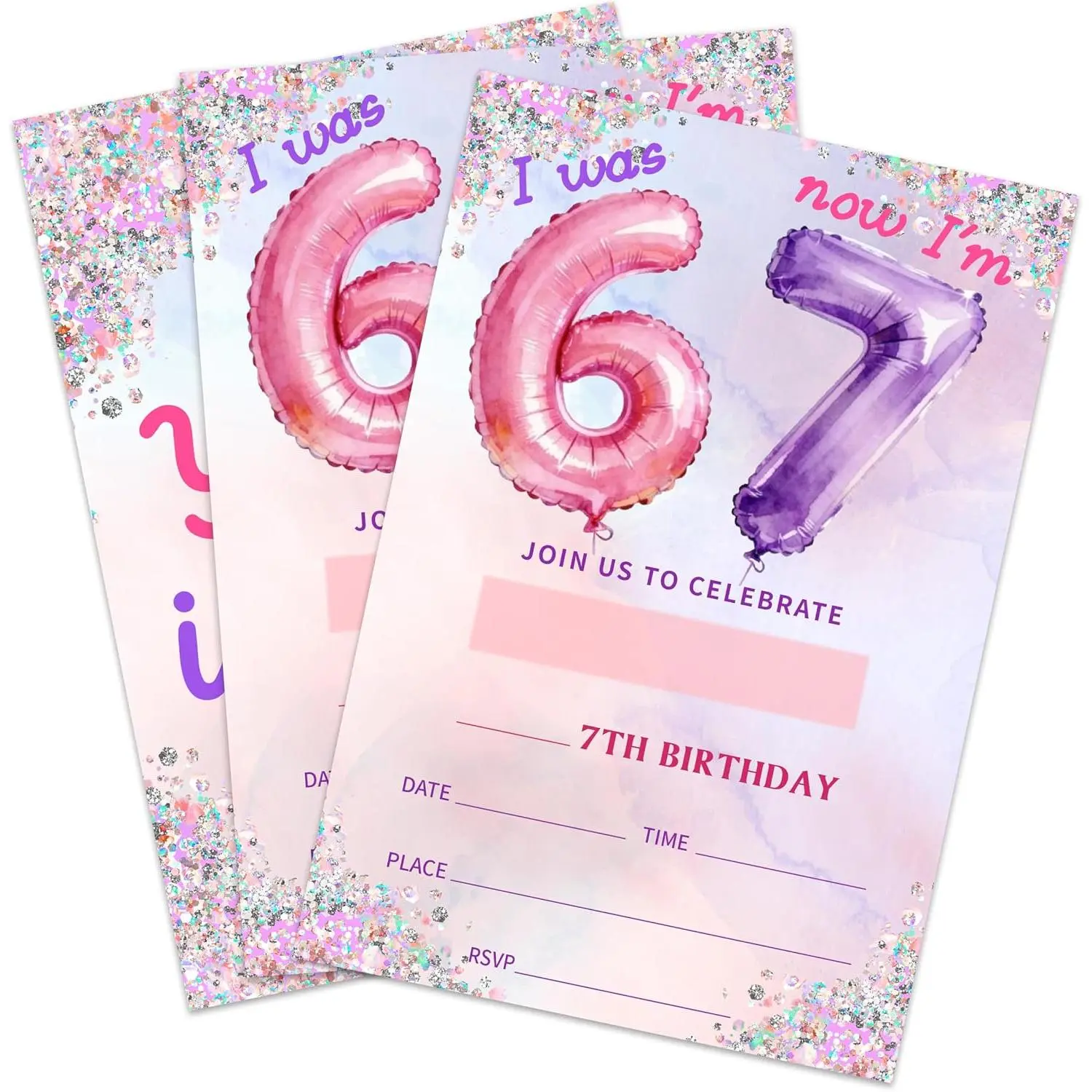 20 Pack 6 7 Birthday Invitations with Envelopes, 4"x6" Glitter Balloon Fill-in Birthday Party Invites for  Adults, 7th Party Supplies Decorations Invitation Cards - B10