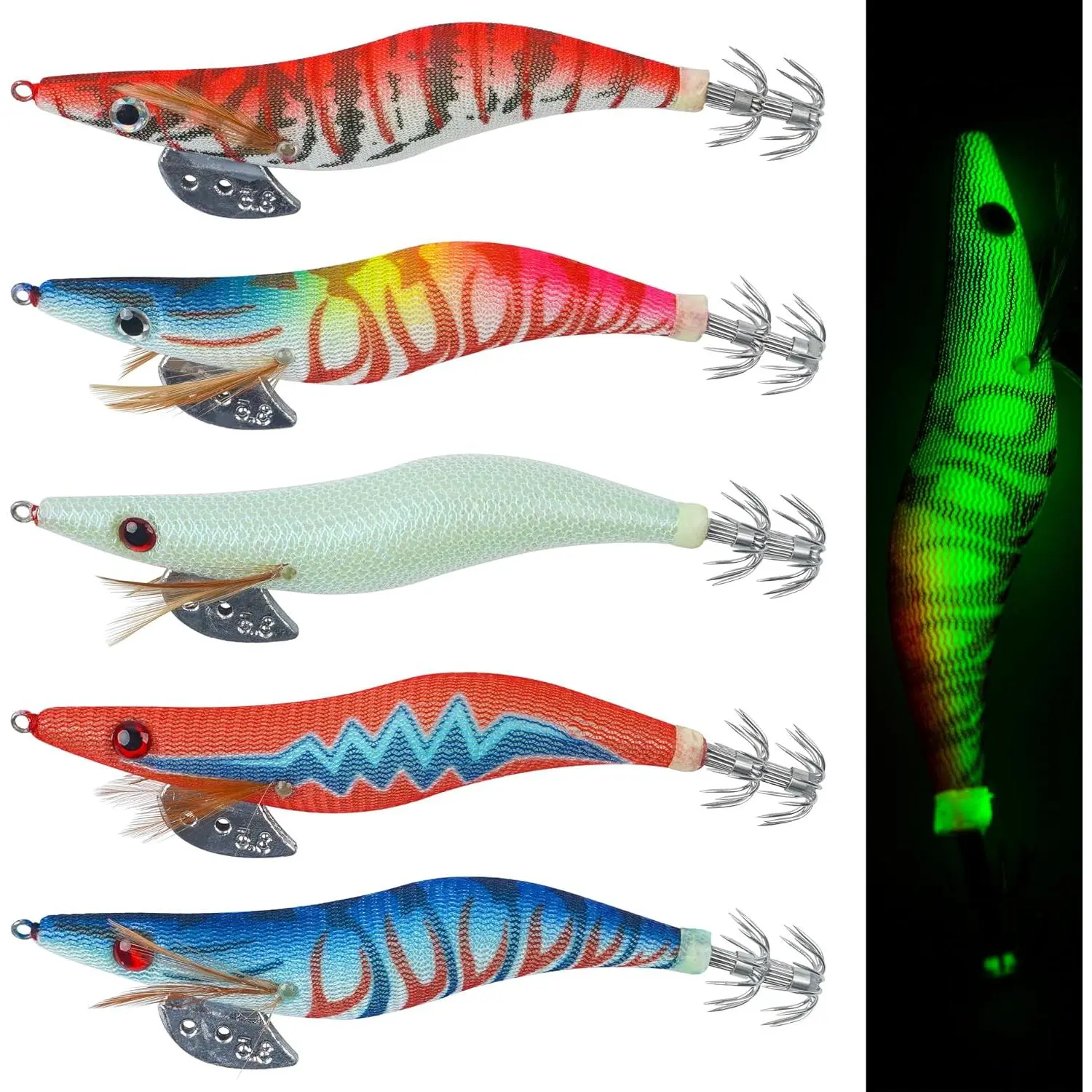 Glow Squid Jig Saltwater Squid Lures, 5/10pcs Luminous Squid Jig Hooks Shrimp Prawn Lures Fluorescent Cuttlefish Sleeve Octopus Jigs Artificial Baits Night Fishing Tackle Size 2.5# 3# 3.5#