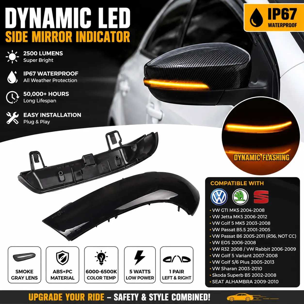 💡🚗Dynamic LED Side Mirror Turn Signal Lights for VW Golf MK5/Jetta/Passat/EOS – Car Side Lamp, Sequential Amber Blinker, Smoke Lens, 2500LM Super Bright, IP67 Waterproof, Plug & Play, 1 Pair Left & Right