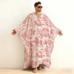 Toile de Jouy Pattern Print Plush Pullover V-Neck Kaftan, Classic French Scenic Fleece Closed Front Loungewear, Soft Warm Hoodless Sleepshirt, Vintage Storytelling Design Robe