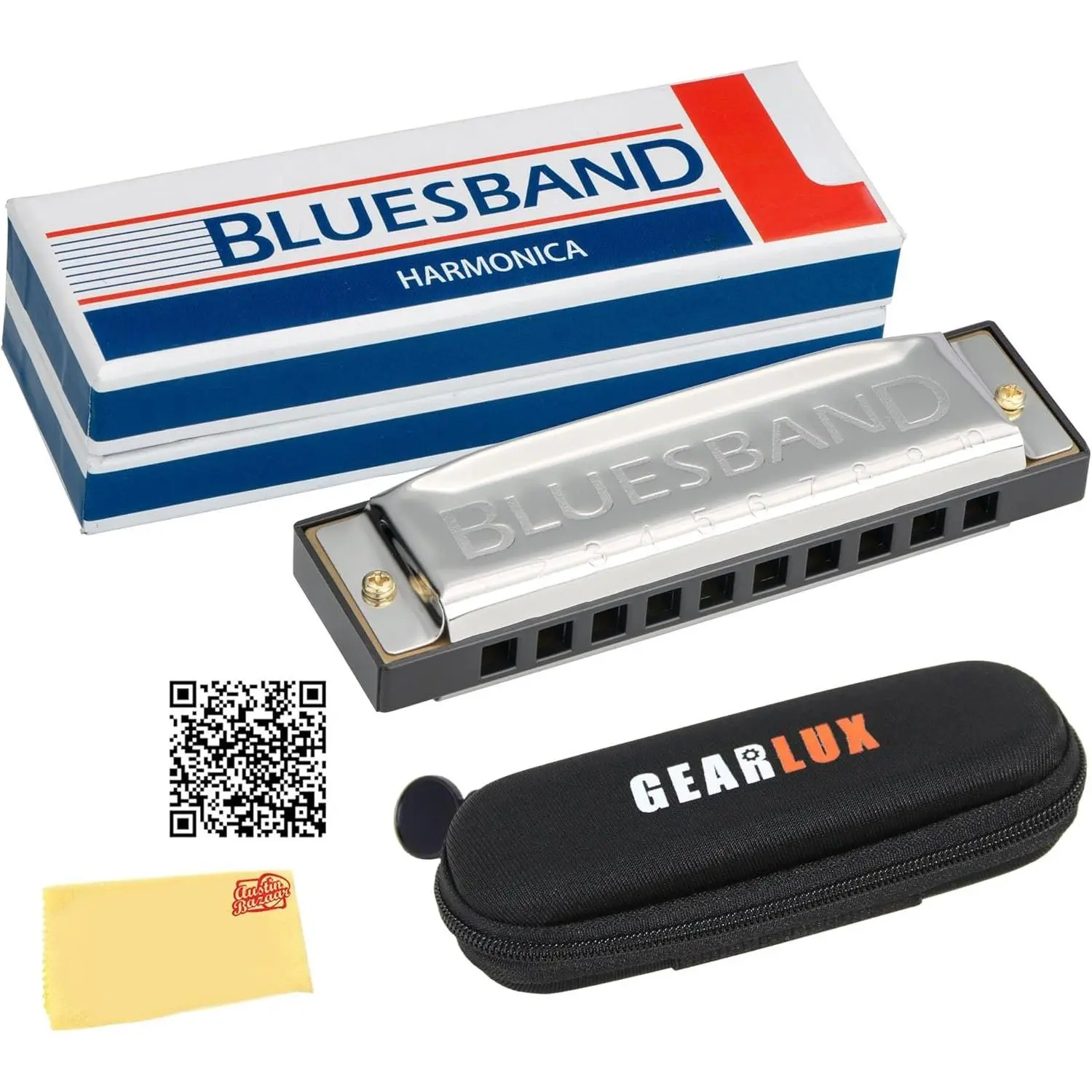 Blues Band Harmonica - Key of C Bundle with Case, Pouch,  Manual, and  Bazaar Polishing Cloth