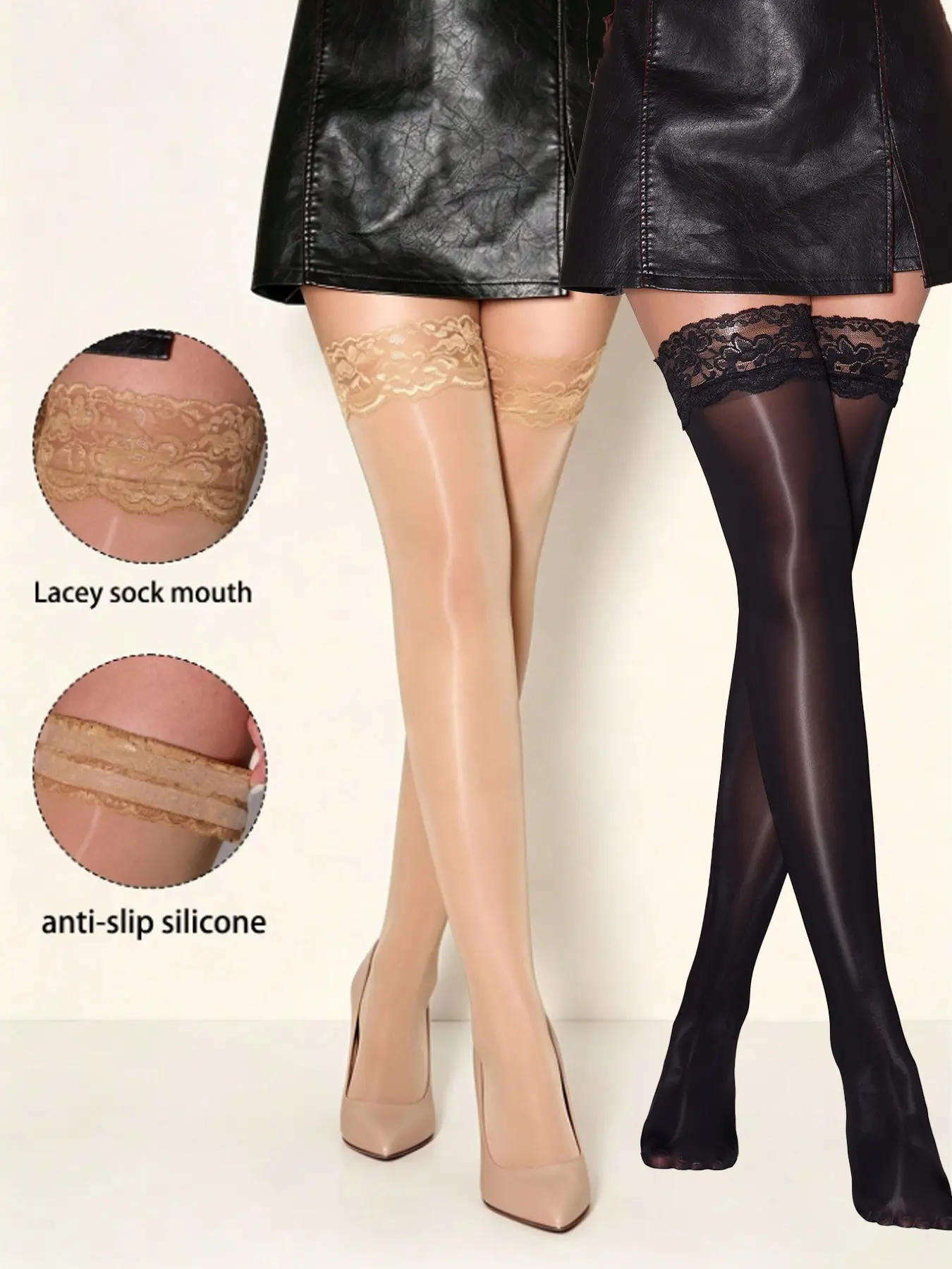 Women's Lace Top High-Cut Socks, Thick Anti-Slip Socks, and Skin Tone, Two Pairs, Comfortable and Stylish Legwear, Fits