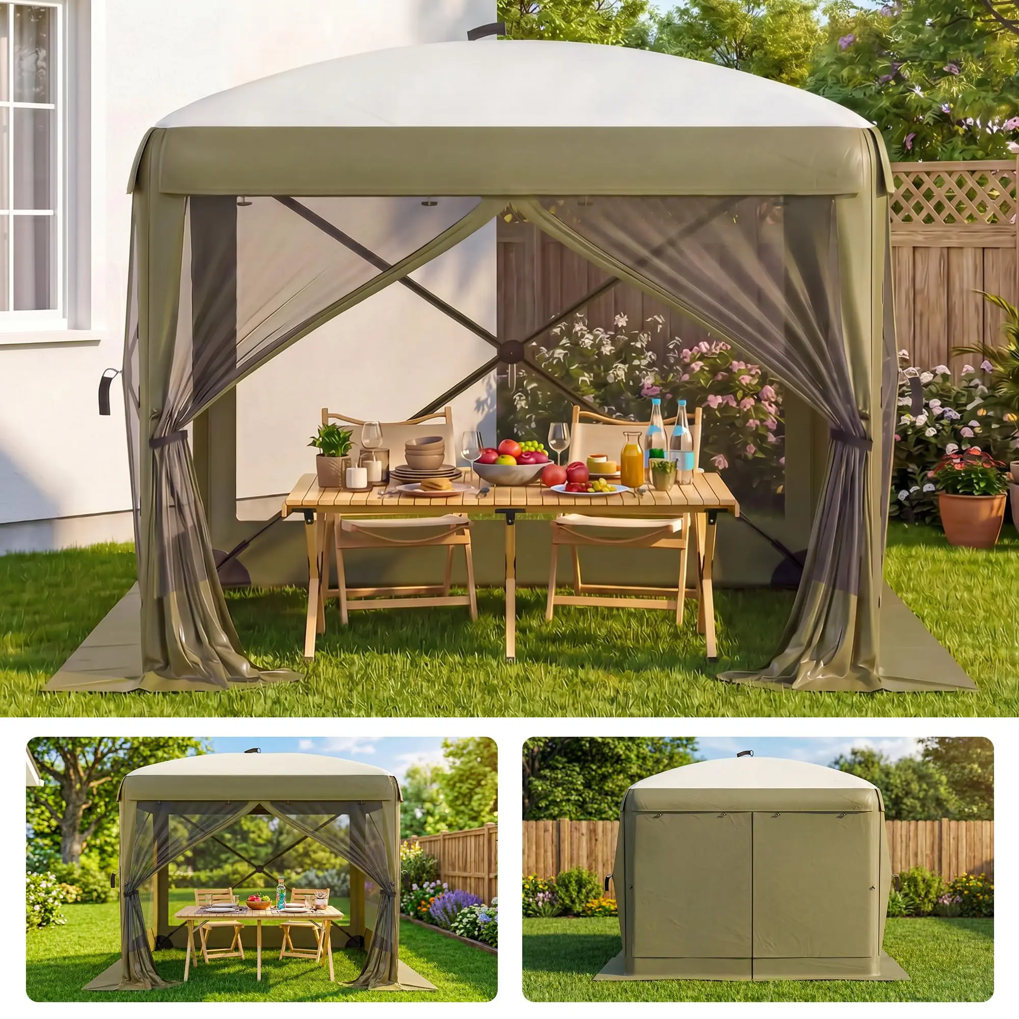 8x8 ft Pop-Up Screen Tent Gazebo - 4-Sided Mesh Screen Room, Portable Collapsible Bug Shelter Canopy for Camping, Patio & Backyard - Dark Brown