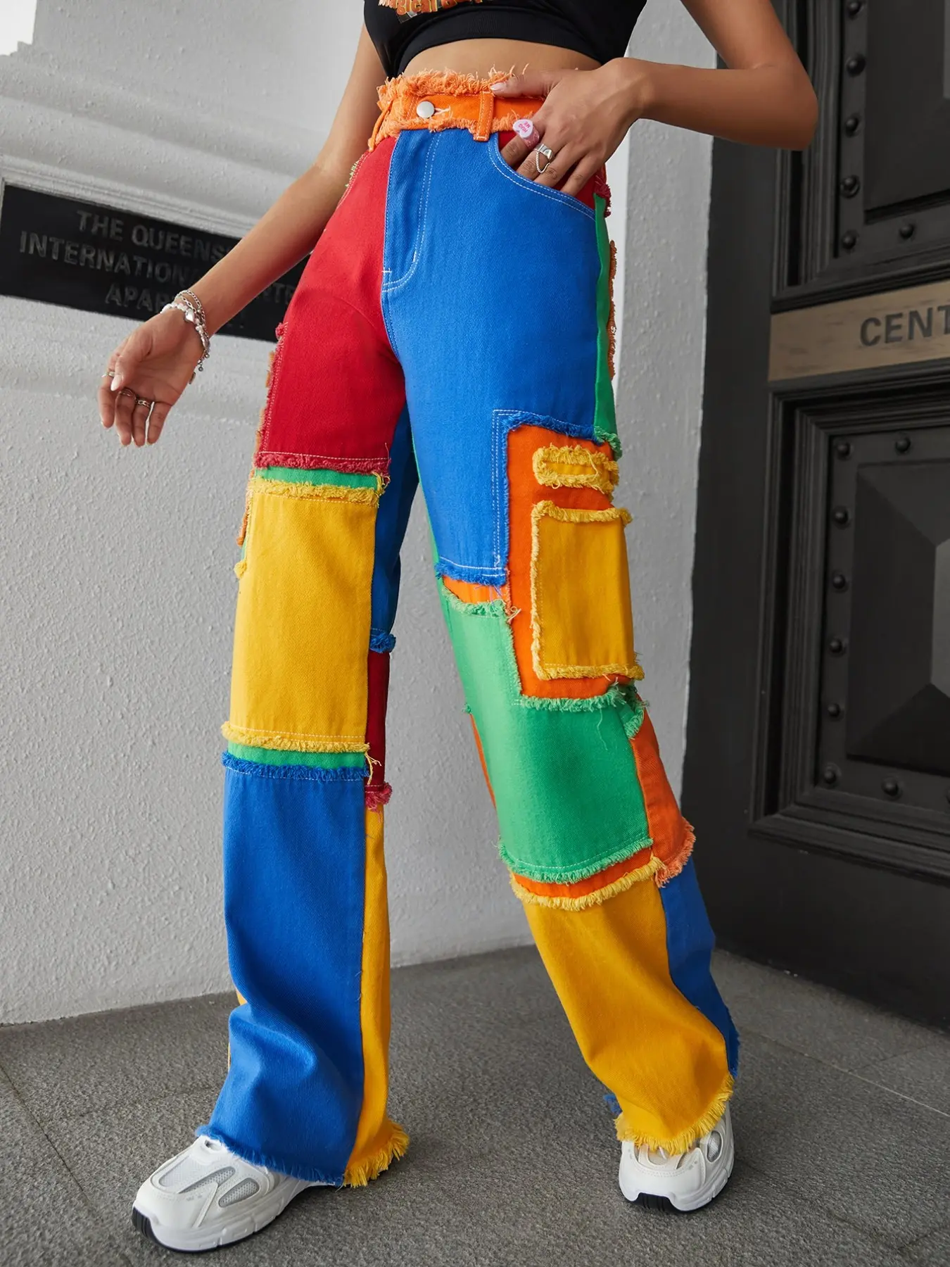 Rainbow Patchwork Frayed Wide-Leg Women Jeans, American Y2K Streetwear Colorblock Patch Long Pants, Trendy Fashion Denim Bottoms