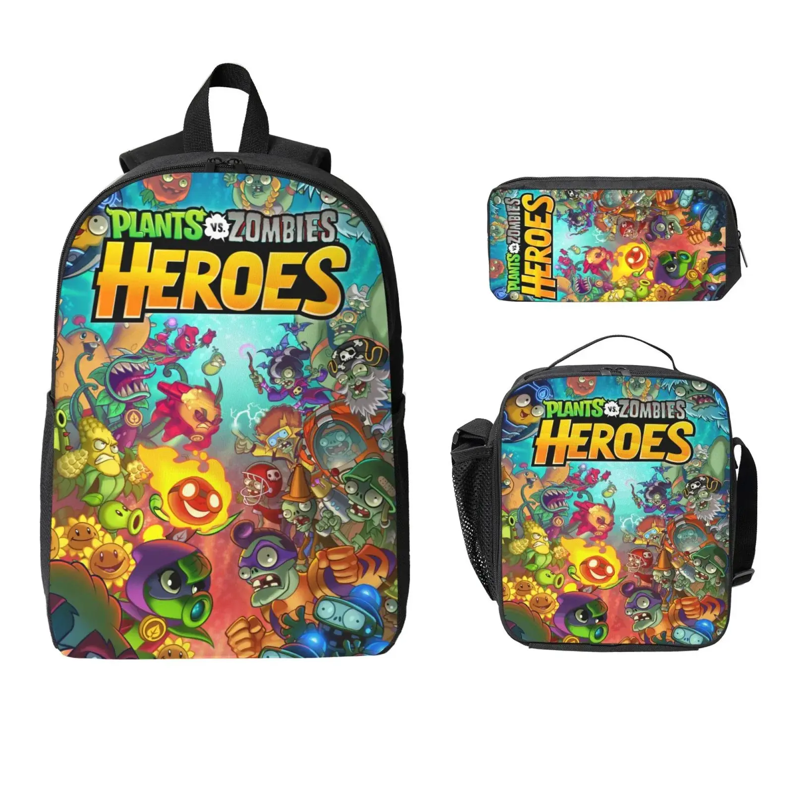 3 Piece High Capacity Bookbag Plants Vs Zombies Backpack Set Travel Knapsack with Lunch Box Pencil Case