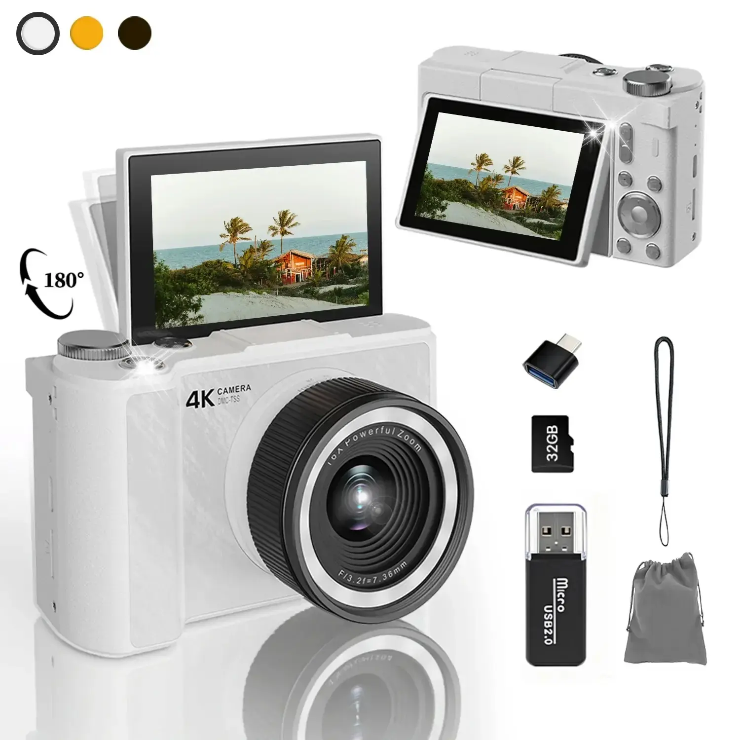 Digital Camera with Flash, Vlog Camera, 16x Optical Zoom, 180° Flip Screen, 48mp, 32GB SD Card, Portable, Beginner Friendly, Point and Shoot Camera