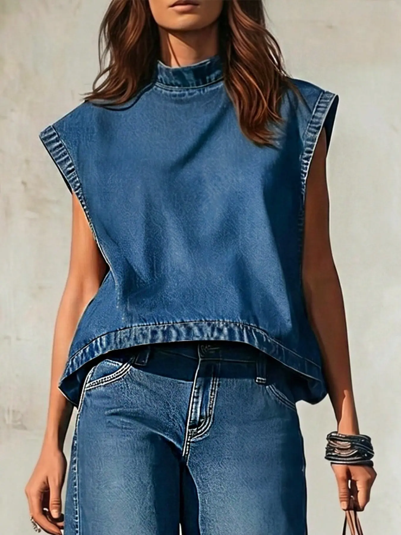 Loose Fit Half High Neck Sleeveless Denim Vest Top, Casual Fashionable Upper Bodywear, Comfortable Daily Wear Clothing
