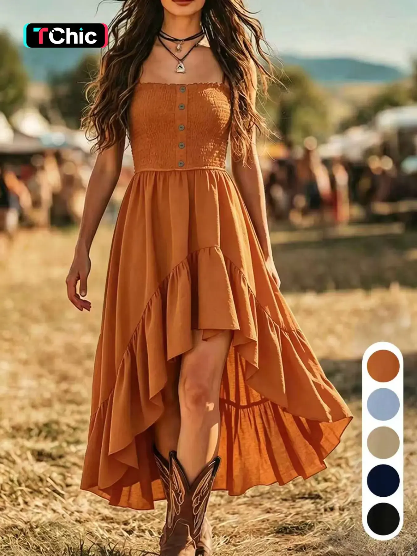 Western Style Casual Chic Strapless Sleeveless Long Dress, Asymmetrical Ruffle Hem, Boho Bohemian Festival Dress, Summer Midi Dress, High Waist Slim Fit