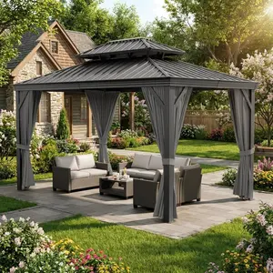 Garvee 18'x12' Hardtop Gazebo, Heavy Duty Aluminum Permanent Hardtop Gazebo Outdoor Pavilion with Curtains and Netting for Garden (Gray, 18'x12')