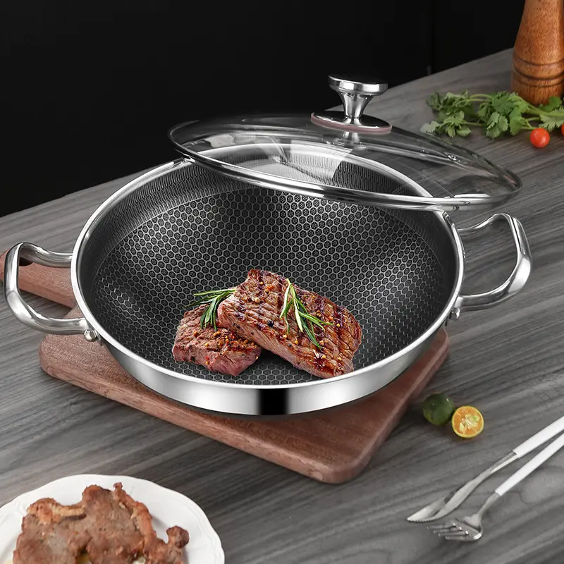 13-Inch Non-Stick Deep Skillet, Stainless Steel Multifunctional Frying Pan with Lid and Dual Handles, Nonstick Kitchen Cookware, Kitchen Food Cookware, PFOA-Free, Dishwasher and Oven Safe