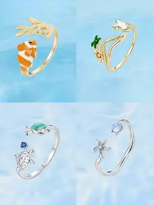 Ocean Clownfish Starfish Turtle Open Ring, S925 Pure Silver, Fashionable All-Season Jewelry, Island Vacation Style Ring