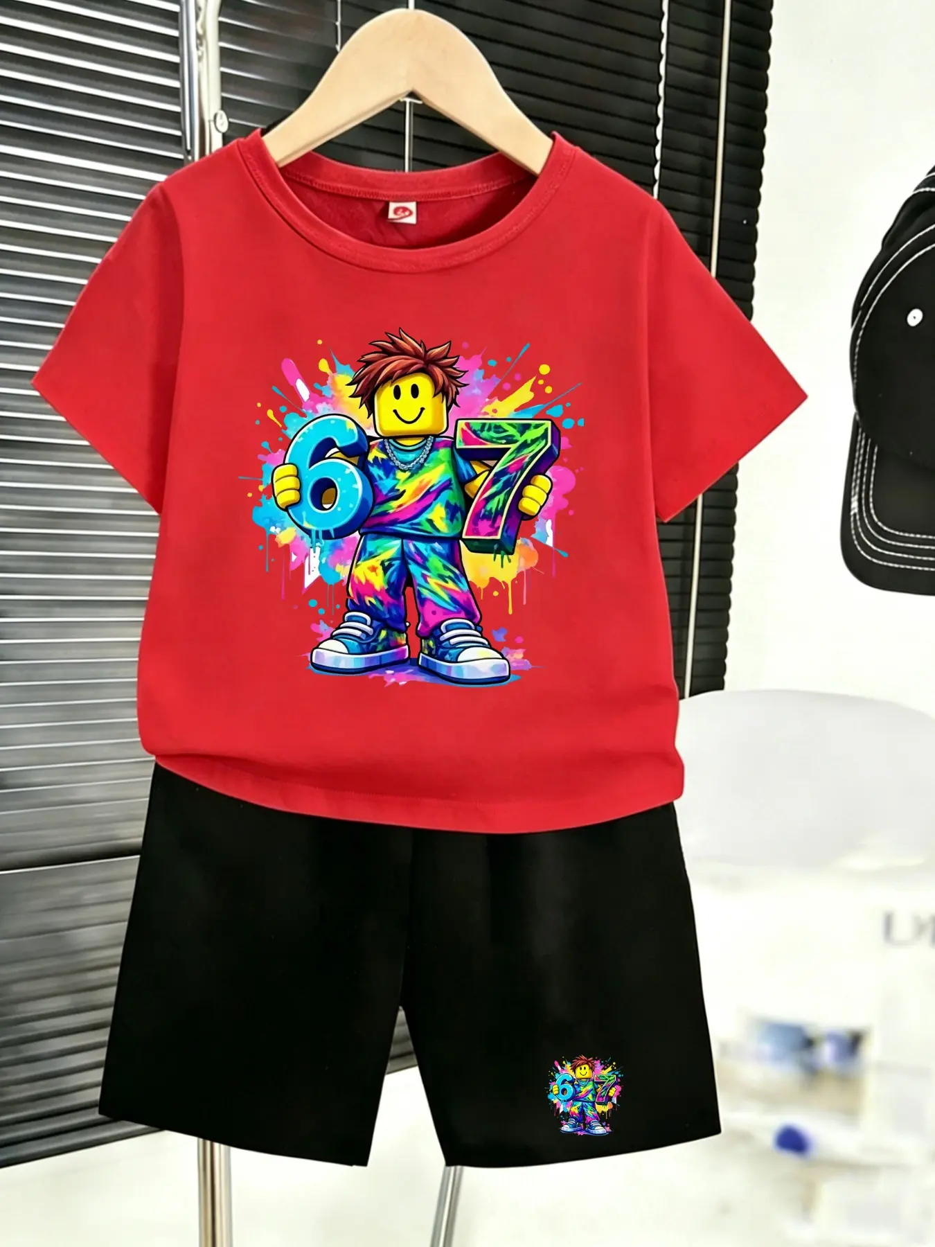 Boys' Summer Cool Set: Lego-Style Graffiti 67 Print White Tee + Black Shorts, Versatile for School, Six Seven PE & Hangouts!#Boys Summer Multi Color Sets #67 Cartoon Lego Kids Wear