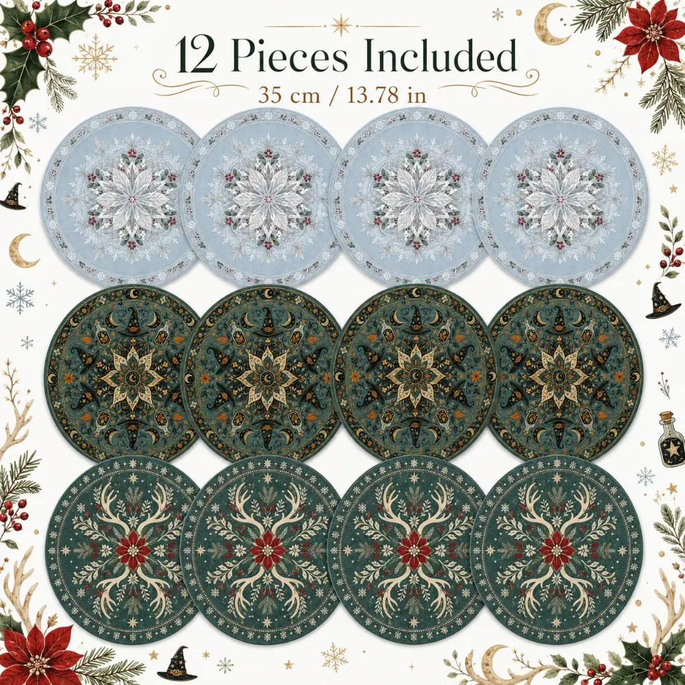 Round Placemats Set of 12, 35cm/13.78in Washable Fabric Table Mats, Halloween Gothic Pumpkin Skull Witch Design, Christmas Snowflake Deer Winter Holiday Style, Vintage Boho Rustic Home Kitchen Dining Table Decor