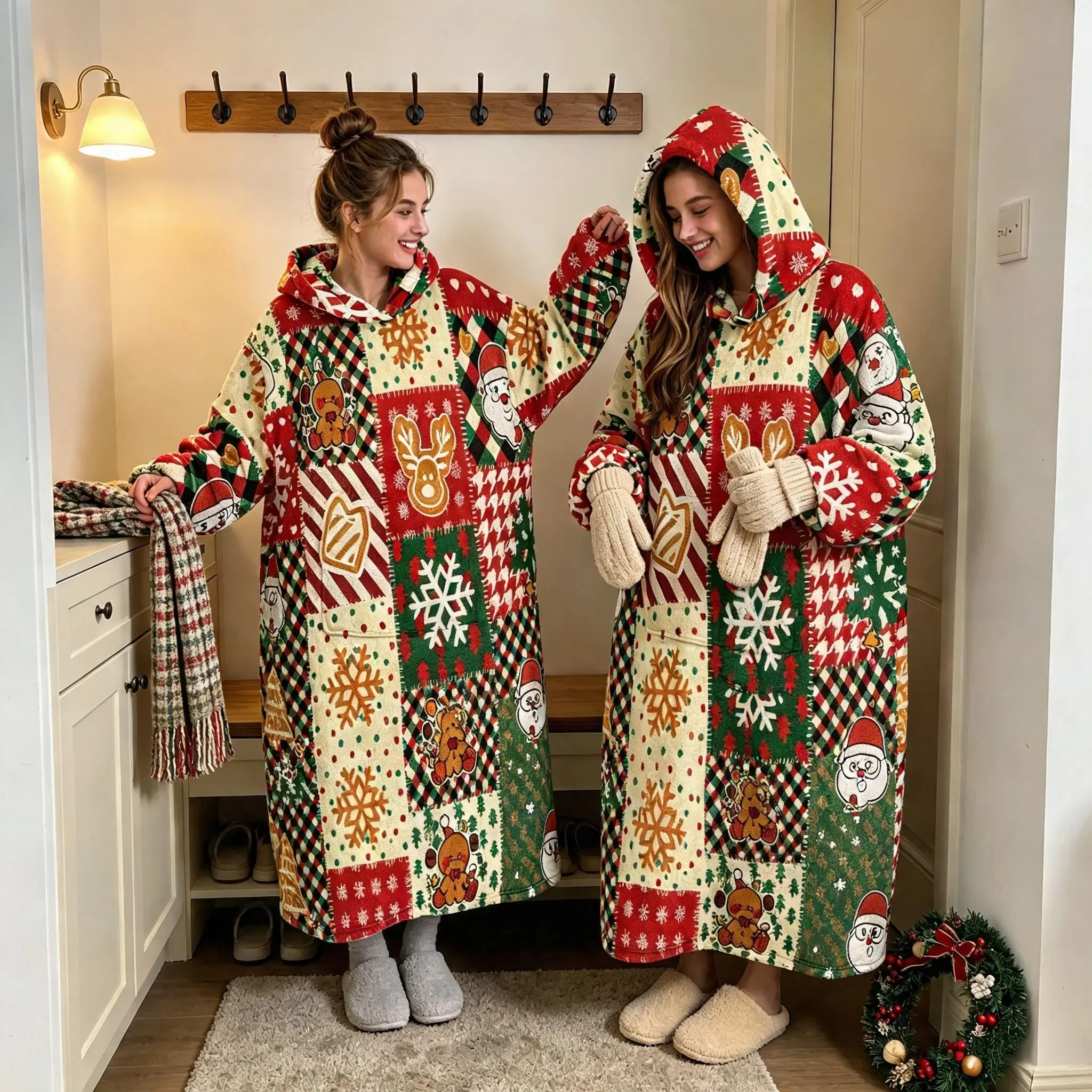 1pc Hooded Wearable Blanket with Pockets, Christmas Santa Gingerbread Print, Soft Flannel, Office Nap Sofa Home, Holiday Party Blanket