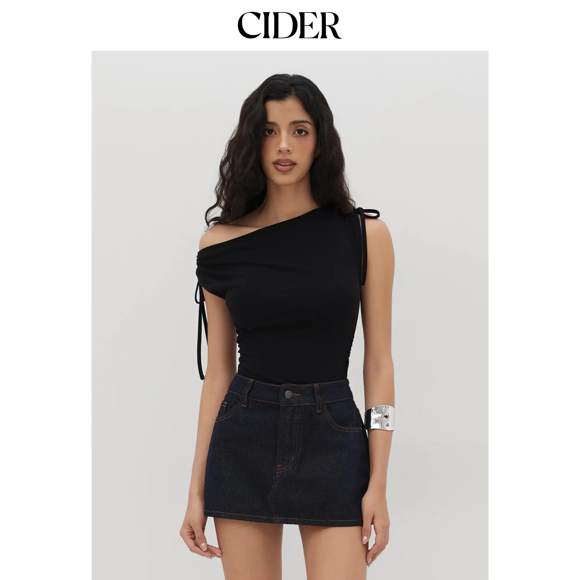 Cider Asymmetrical Neck Drawstring Ruched Bodysuit