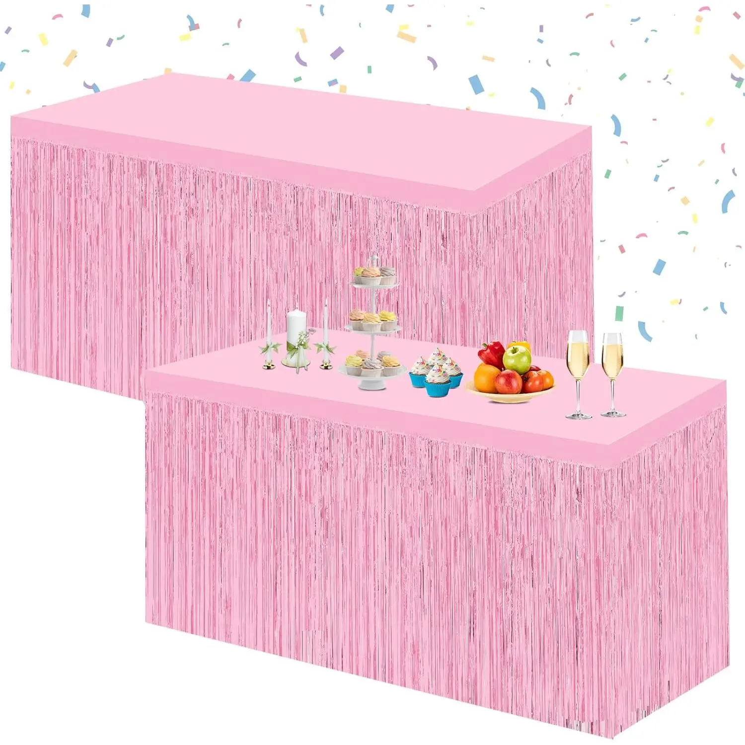2 Pack 29.5x108 Inch Pink Foil Fringe Tinsel Table Skirts Disposable Table Skirt Banner for Rectangle Tables Tinsel Backdrop Curtain Party Supplies Wedding Parade Floats Decorations