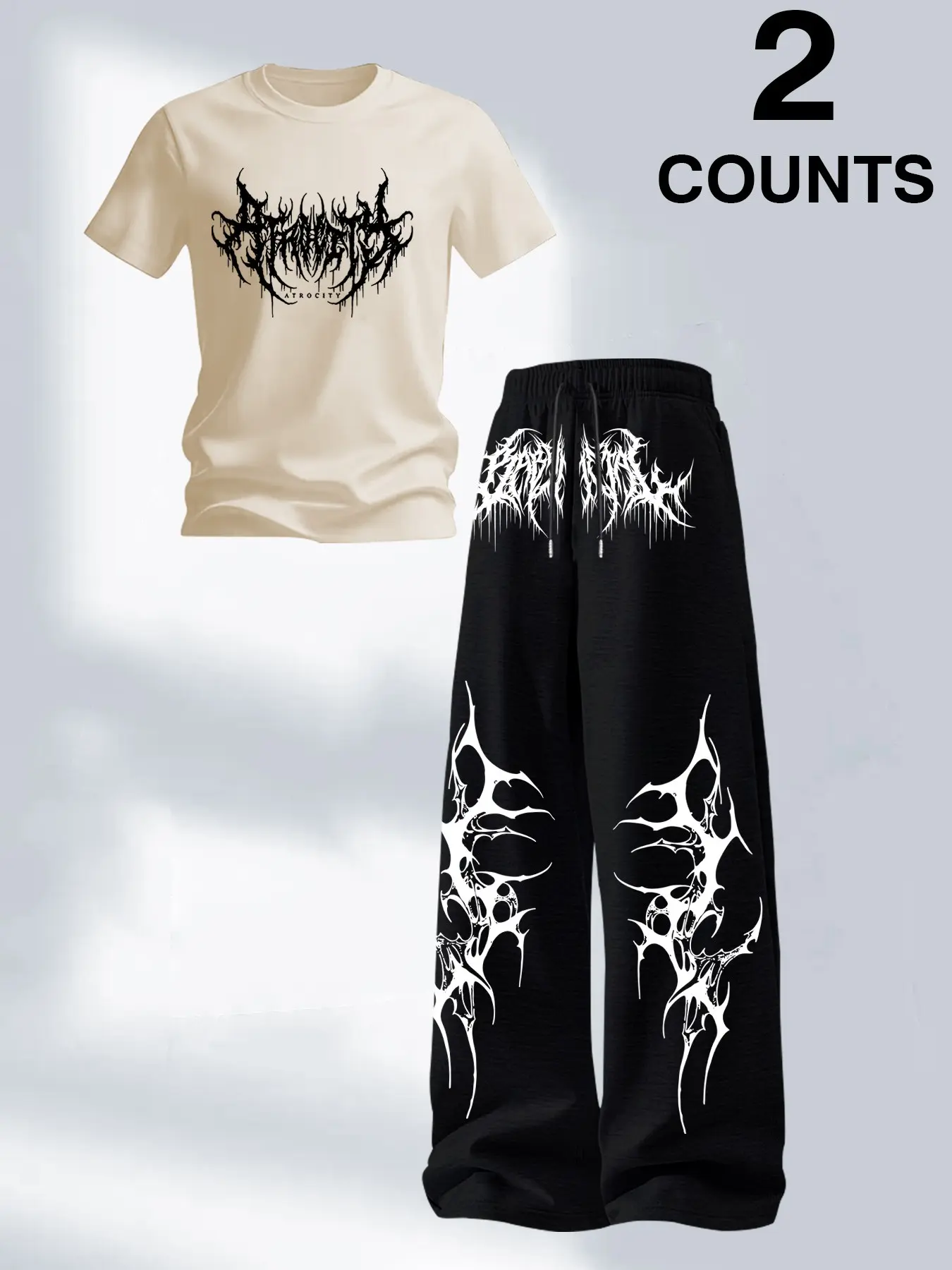 Men's Gothic Style Short Sleeve T-Shirt and Pants Set, Thorn Abstract Print Round Neck T-Shirt and Drawstring Wide Leg Pants, Casual All-Season