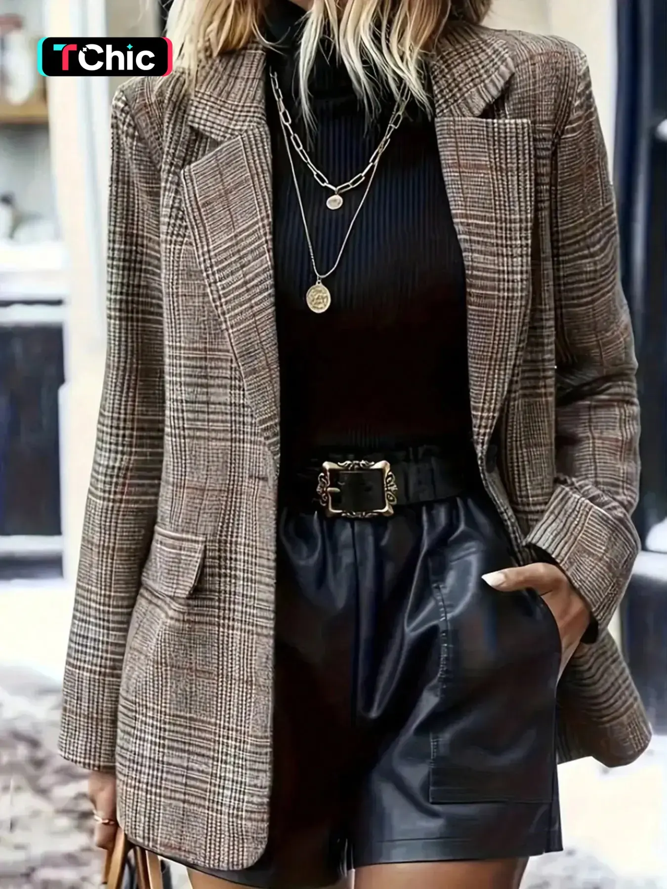 Women's Fall Winter Houndstooth Blazer, Long Sleeve Notched Lapel, Fake Pocket Design, Essential Everyday Outerwear for Work/commute/street/casual Style