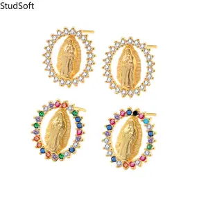 Gold Virgin Mary Earrings for Women Sparkly Colorful Cubic Zirconia Our Lady of Guadalupe Studs Catholic Religious Jewelry Baptism Anniversary Gift