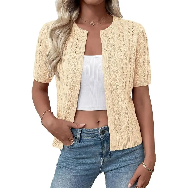 Women’s Summer Cable-Knit Crochet Cardigan, Cute Short Sleeve Button-Front Hollow-Out Sweater Top for Beach, Vacation, Festival & Casual Outfits