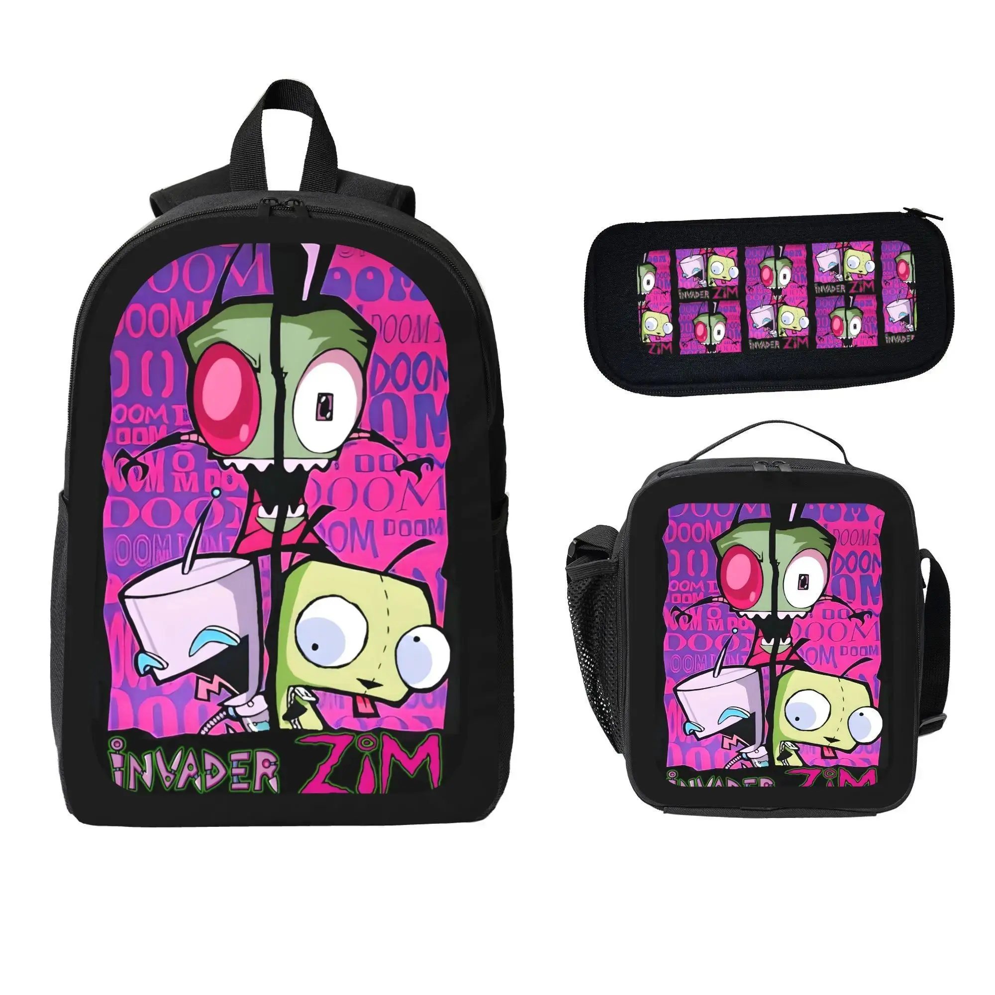 Women's Invader Zim Cartoon All Over Print Backpack Set - Mesh Laptop Tote, Insulated Lunch Bag, Makeup Pouch for First Day of School, Work Use