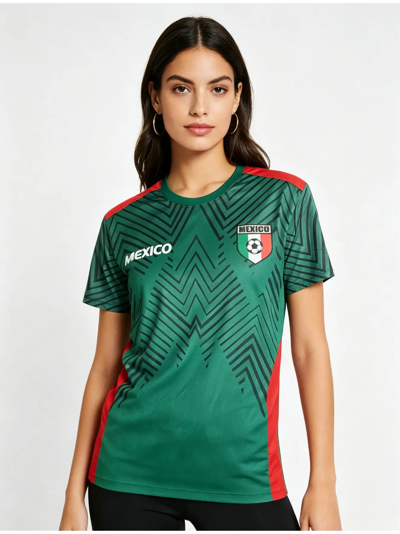 Mexico Flag Team Emblem Print Round Neck Short Sleeve Football T-Shirt, Women's Casual Sporty Top, Daily Wear Athletic Apparel, Football Tee