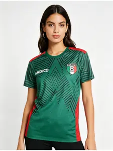 Mexico Flag Team Emblem Print Round Neck Short Sleeve Football T-Shirt, Women's Casual Sport Top, Daily Wear Athletic Apparel