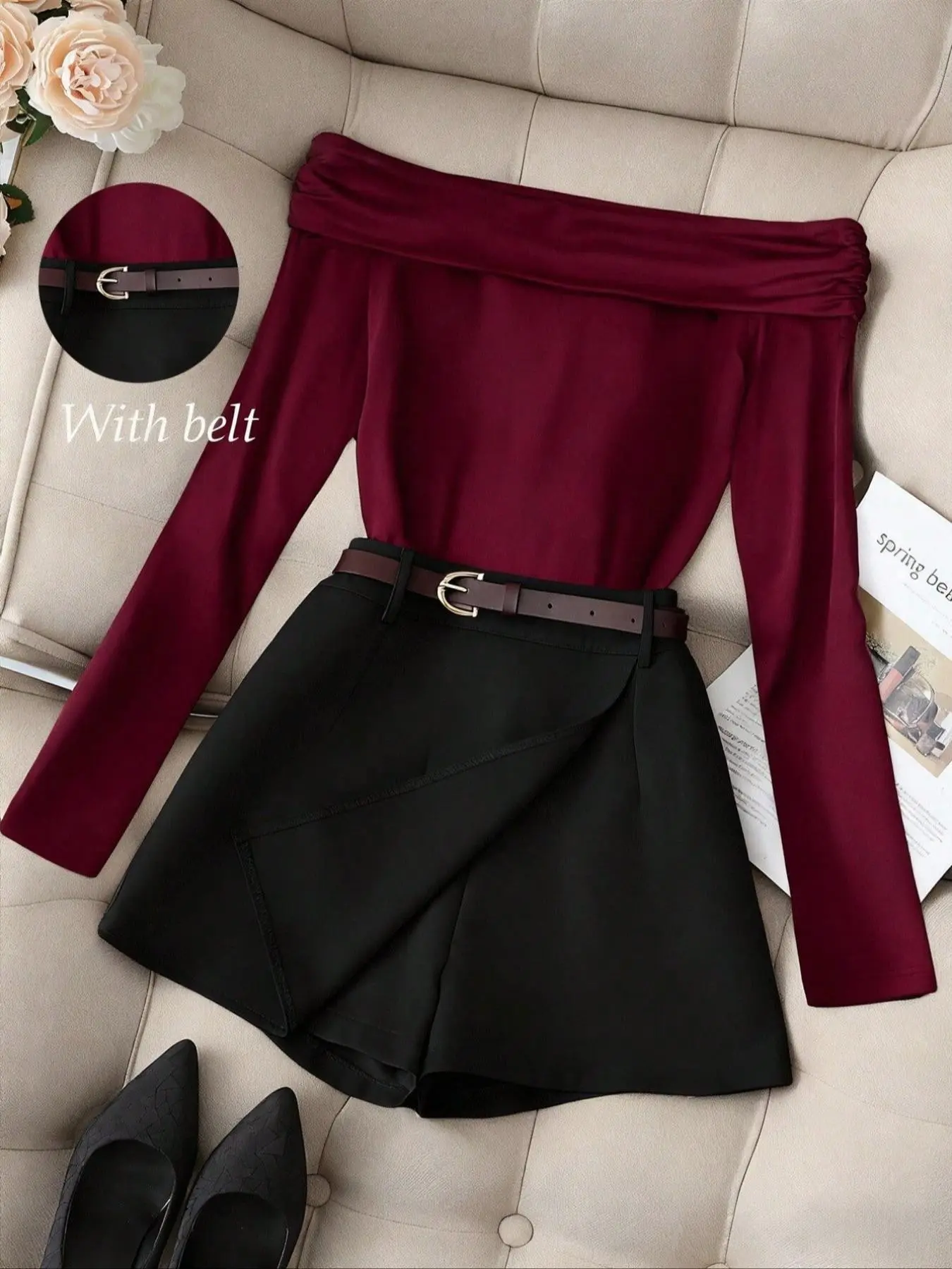 Spring and Autumn one-shoulder long sleeved off shoulder two-piece set with belt design and black suit shorts set suitable for commuting in the workplace and casual daily wear in cafes