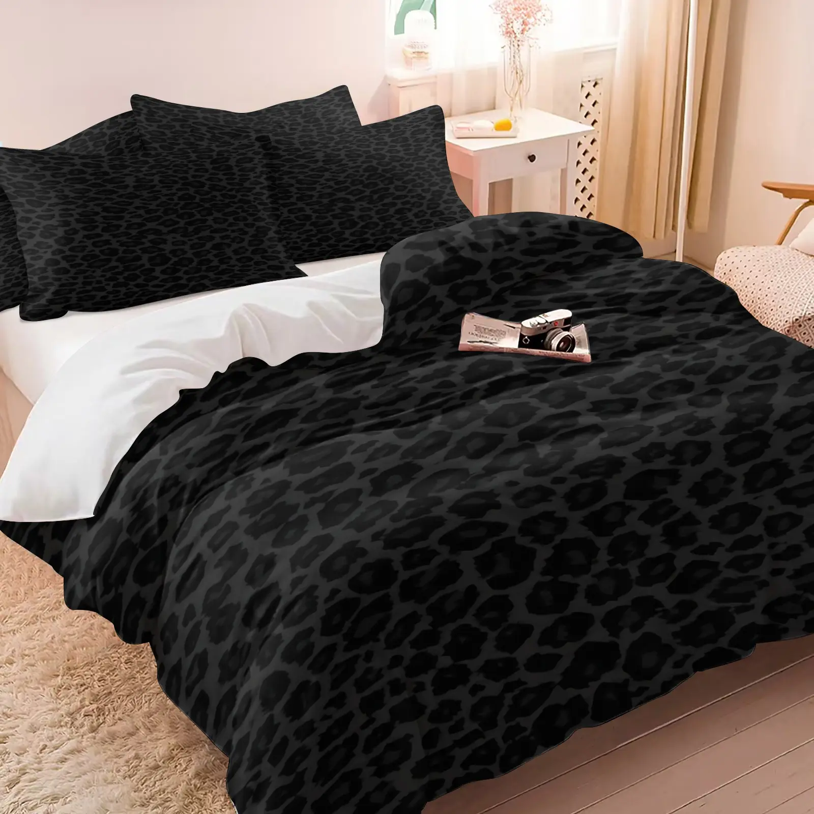 2/3Pcs Black Leopard Print Duvet Cover Set, Modern Gothic Aesthetic Bedding Set, Soft Breathable Microfiber Comforter Cover with Zipper & Corner Ties, Bed Set for Teen Bedroom Dorm Decor, No Included