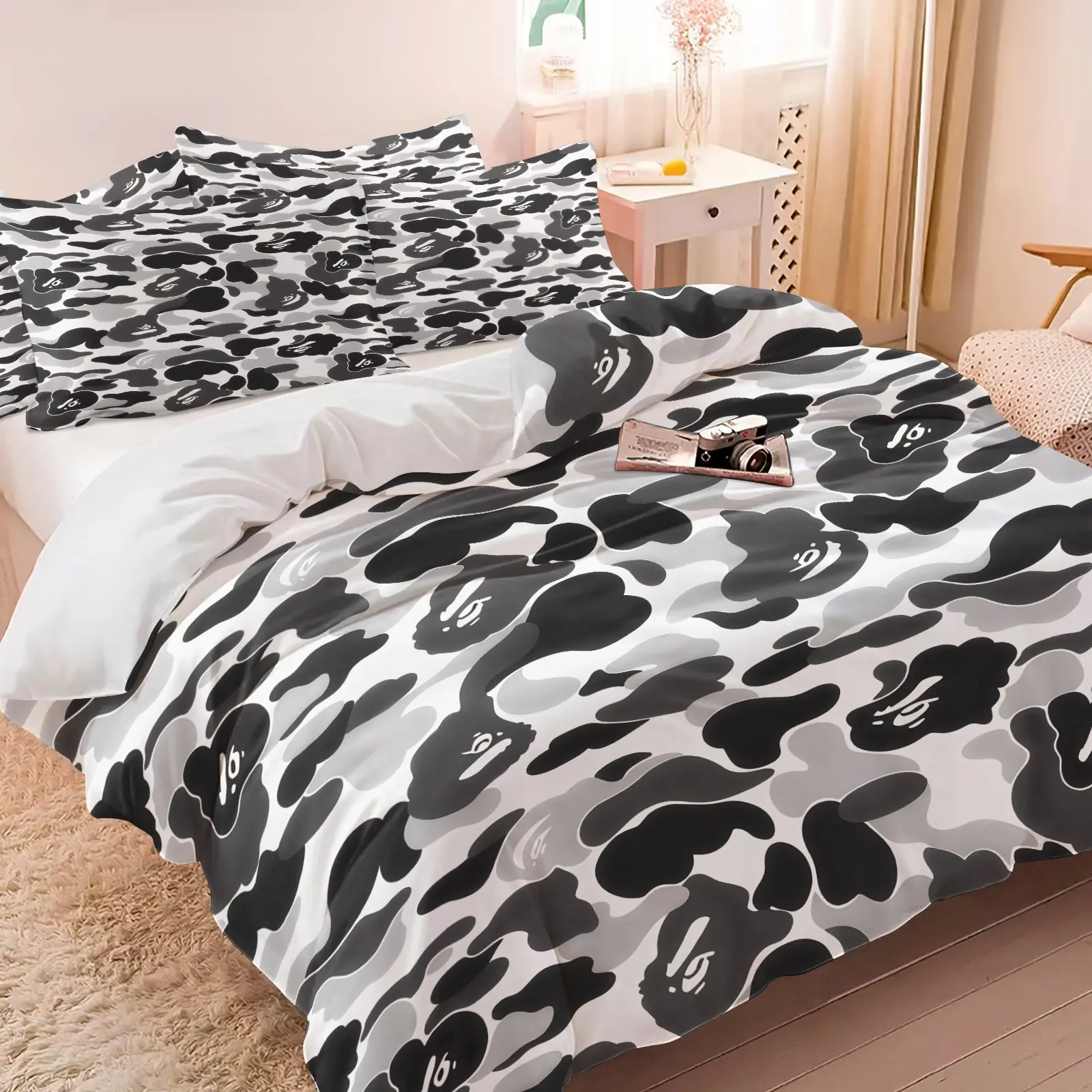 Black and White Camo Cartoon Ape Print Duvet Cover Set-1 Duvet + 1-2 Pillowcases-Minimalist Street Fashion Pattern-Soft Comfortable Bedding-Trendy Cool Boys & Girls Bedroom Dorm or Ins Style Bedroom Decor-Printed Bedding Set