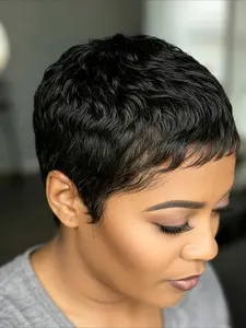 Curly Wave Human Hair Wig for Women Fulll Machine Made Wig Pixie Cut Wig 150% Density 6 Inch Curly Textured Wigs