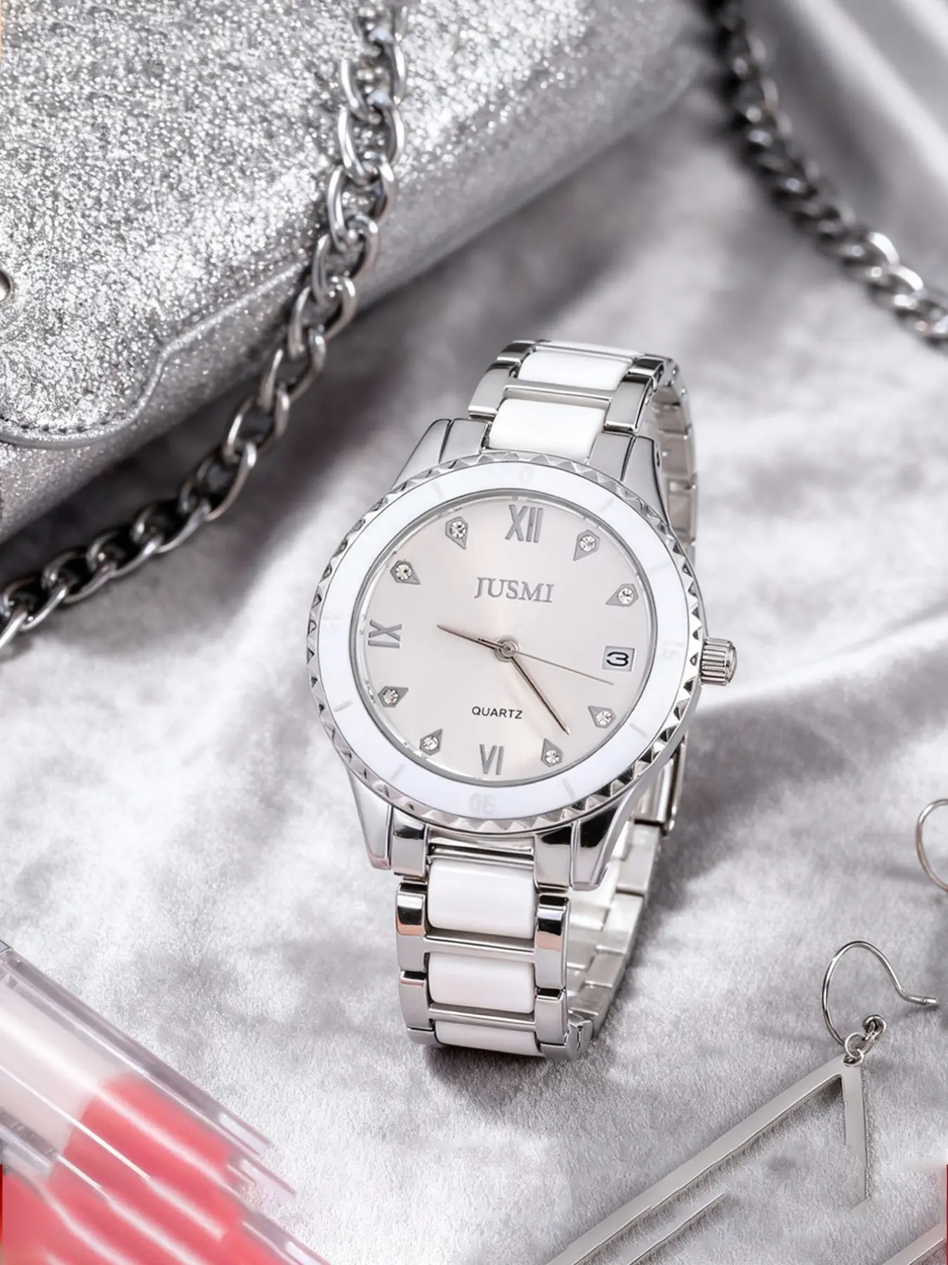 Women's Quartz Watch, Elegant Ceramic Strap, Diamond-Encrusted Dial, Roman Numerals, Ideal for Office, Daily Wear, Gifts