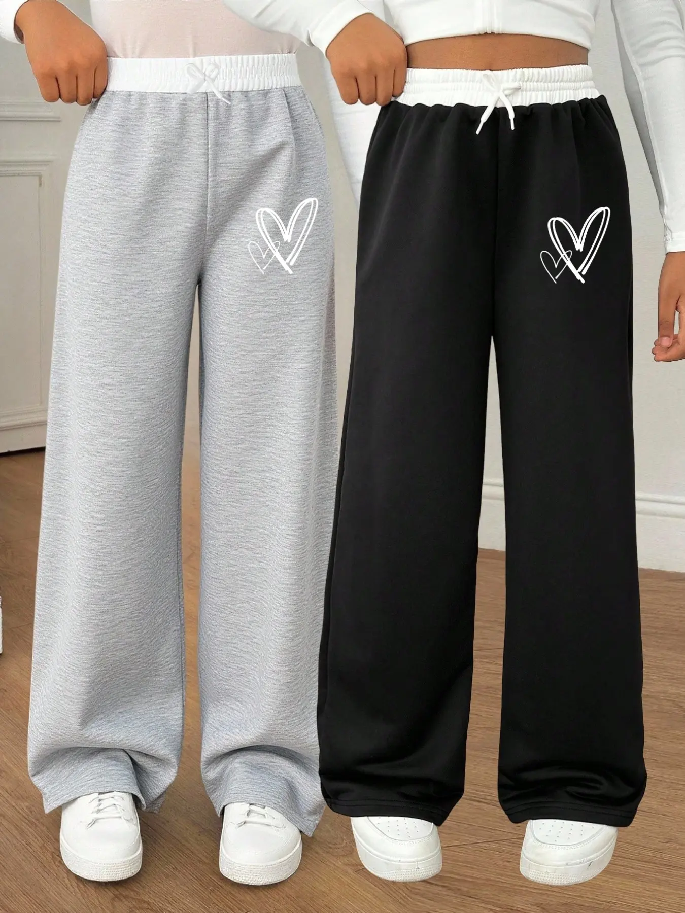 Girls' Two-Piece Heart Print Wide Leg Sweatpants, Loose Straight Leg Casual Pants, Soft Street Style Long Trousers