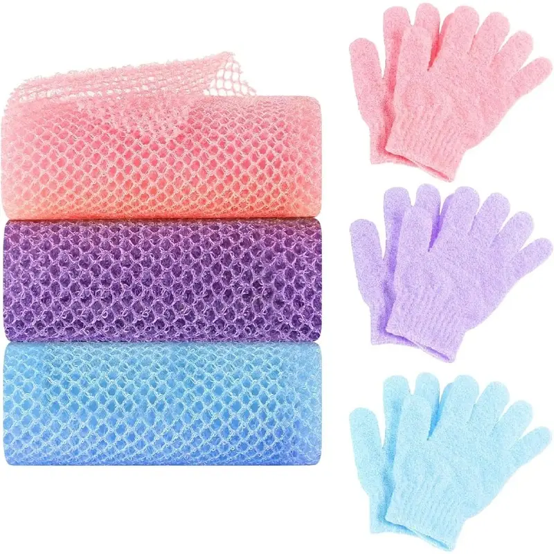 6 Pack  Net Sponge  Glove Set, 3 Bath Sponge  Scrubber  Scrubber and 3 Pairs  Gloves as Stocking Stuffers for Adults