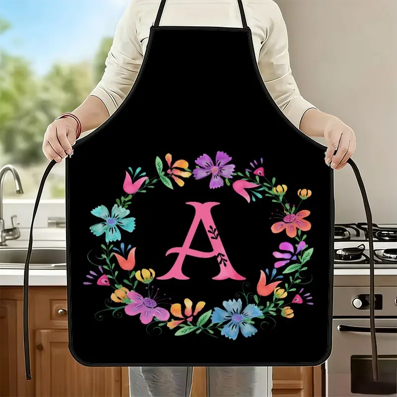 Floral Letter A S M Printed Polyester Apron, Novelty Cooking Aprons, Summer Kitchen Cooking Apron with Unique Floral Nail Art Design, 1 Pack Women Apron, Mother's Day Gift for Mom, Gag Gift Apron, Kitchen Essential & Nail Tech Work Apron