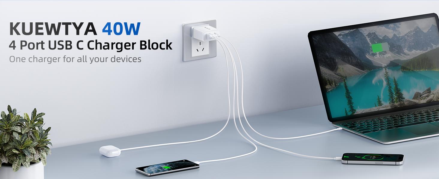 40W USB C Charger Block, 2 Pack 4-Ports Type C Fast Cubes PD USBC Wall Plug+QC 3.0 USB A, Multiple USB C Charger for iPhone 16/15/14/13/12/11 Pro Max/XS, Galaxy, iPad, Tablet, Pixel