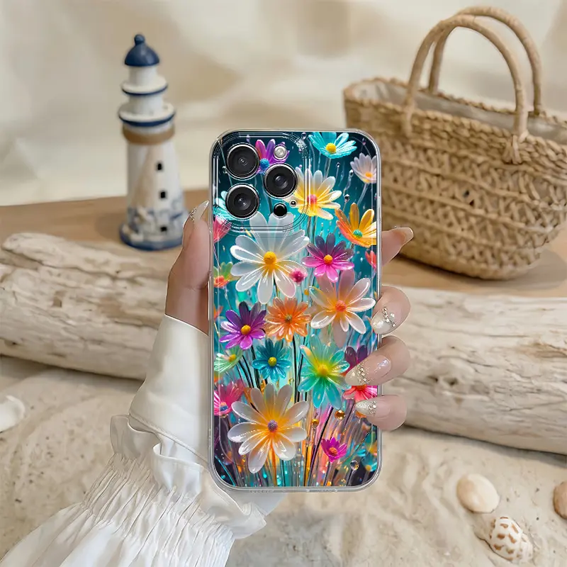 Crystal colorful chrysanthemum flower phone case, anti-drop TPU simple durable stylish shockproof soft case, suitable for iPhone 17/16/15/14/13/12/11 ProMax/Pro/Plus